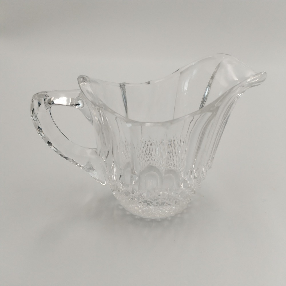 Vintage‎ Clear Pressed Glass Creamer Diamond Point Pattern Scalloped Rim 4"